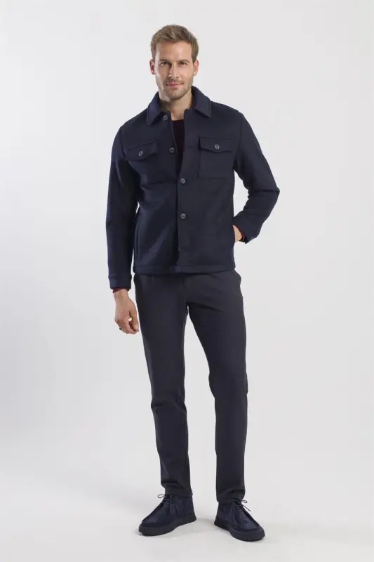 Navy Blue Comfort Fit Baby Collar Wool Coat - 2