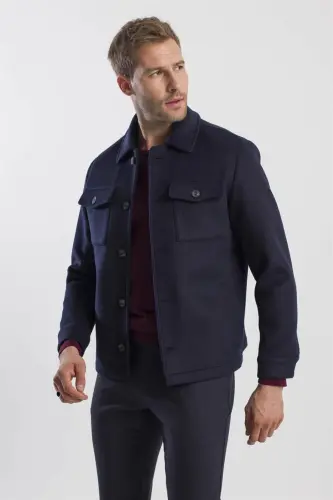 Navy Blue Comfort Fit Baby Collar Wool Coat - 3