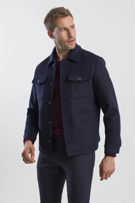 Navy Blue Comfort Fit Baby Collar Wool Coat - 3