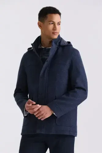 Navy Blue Comfort Fit Band Collar Patterned Hooded Wool Sports Coat - 1