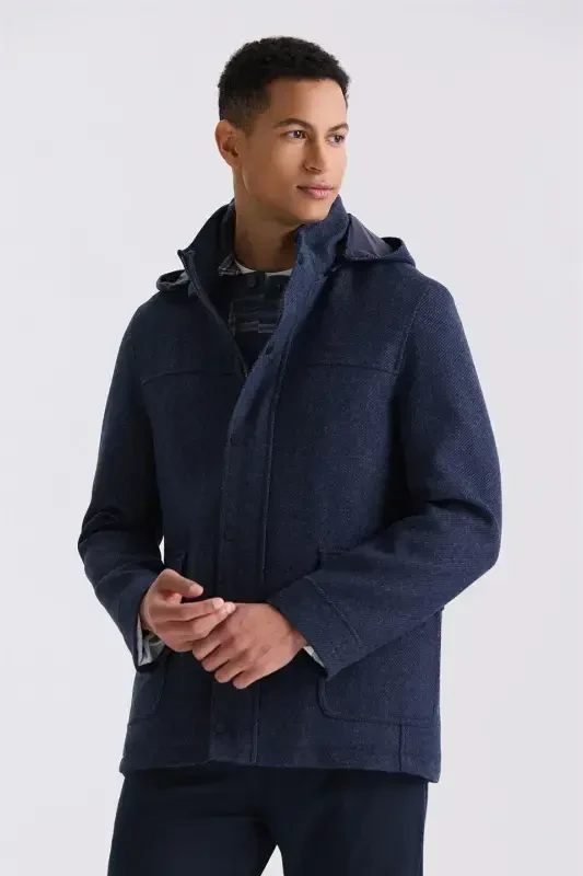 Navy Blue Comfort Fit Band Collar Patterned Hooded Wool Sports Coat - 1
