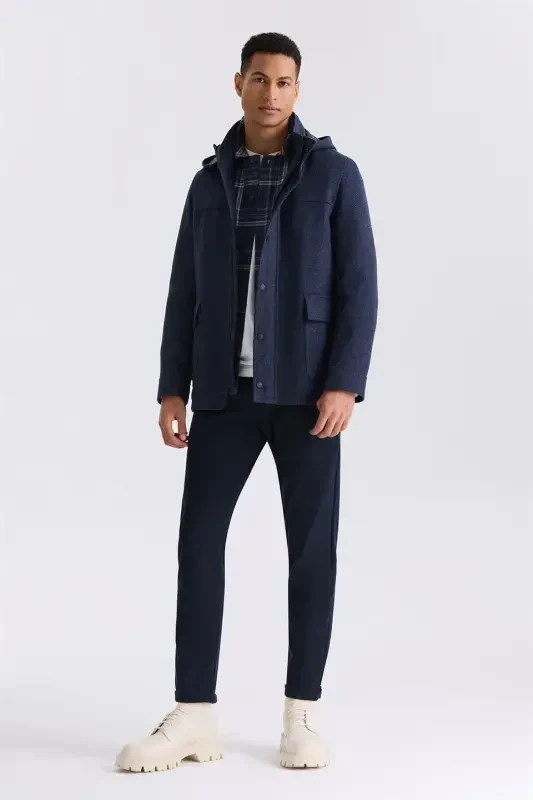 Navy Blue Comfort Fit Band Collar Patterned Hooded Wool Sports Coat - 2