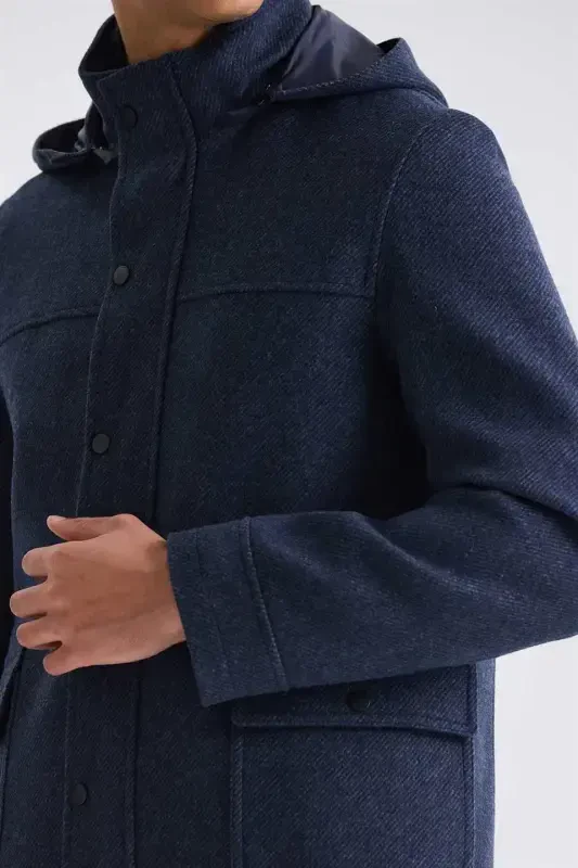 Navy Blue Comfort Fit Band Collar Patterned Hooded Wool Sports Coat - 3