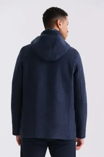 Navy Blue Comfort Fit Band Collar Patterned Hooded Wool Sports Coat - 4