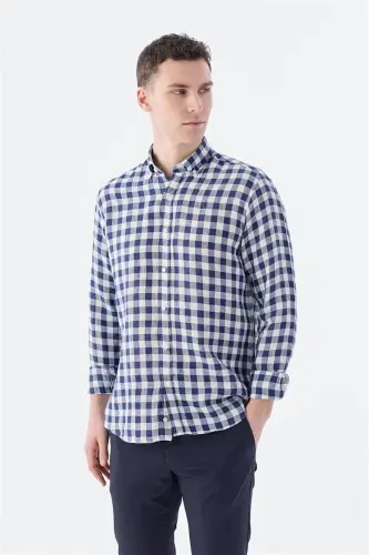 Navy Blue Comfort Fit Checked 100% Linen Shirt - 1
