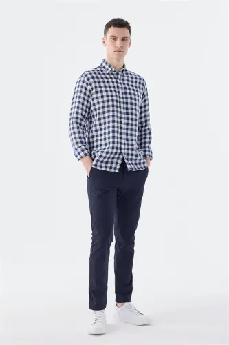 Navy Blue Comfort Fit Checked 100% Linen Shirt - JAKAMEN (1)