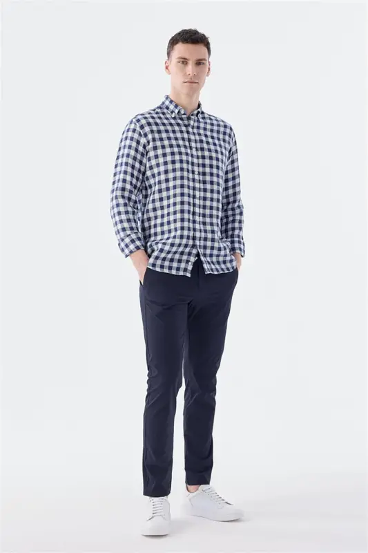 Navy Blue Comfort Fit Checked 100% Linen Shirt - 2