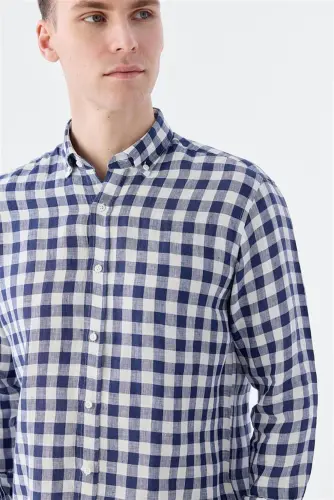 Navy Blue Comfort Fit Checked 100% Linen Shirt - 3