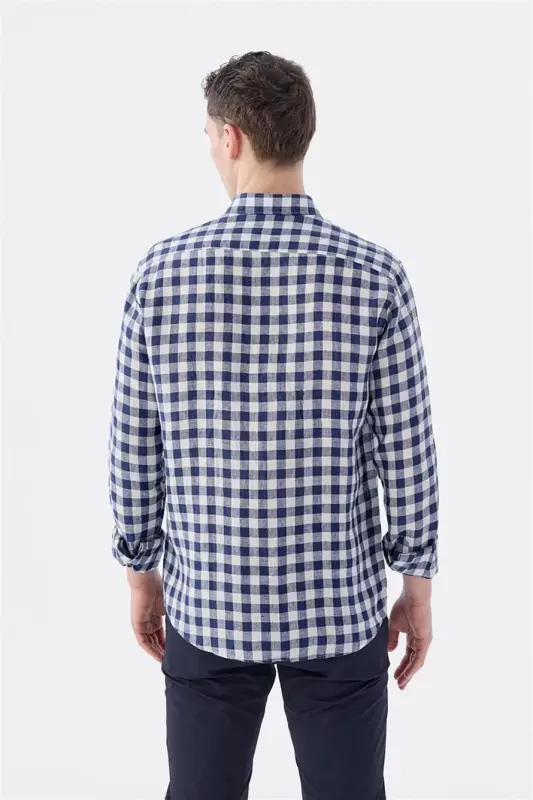 Navy Blue Comfort Fit Checked 100% Linen Shirt - 4
