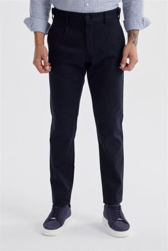 Navy Blue Comfort Fit Double Pleated Buckled Waist Cotton Canvas Trousers - Modazone