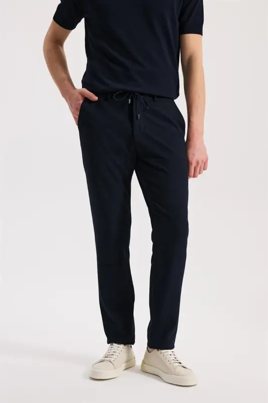 Navy Blue Comfort Fit Elastic Waist Flexible Fabric Jogger Pants - 1