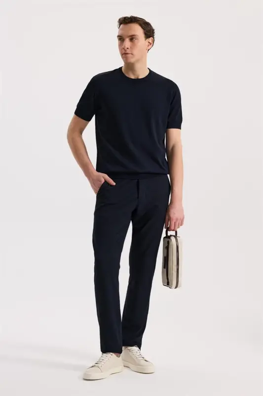 Navy Blue Comfort Fit Elastic Waist Flexible Fabric Jogger Pants - 2