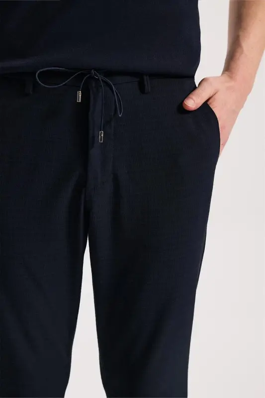Navy Blue Comfort Fit Elastic Waist Flexible Fabric Jogger Pants - 3