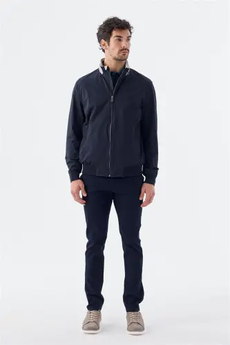 Navy Blue Comfort Fit Hooded Casual Seasonal Sports Coat - JAKAMEN (1)