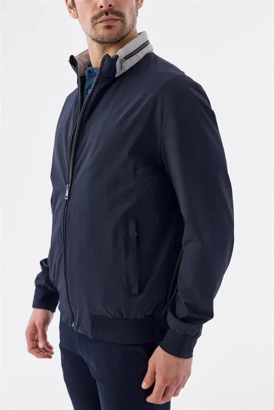Navy Blue Comfort Fit Hooded Casual Seasonal Sports Coat - 4