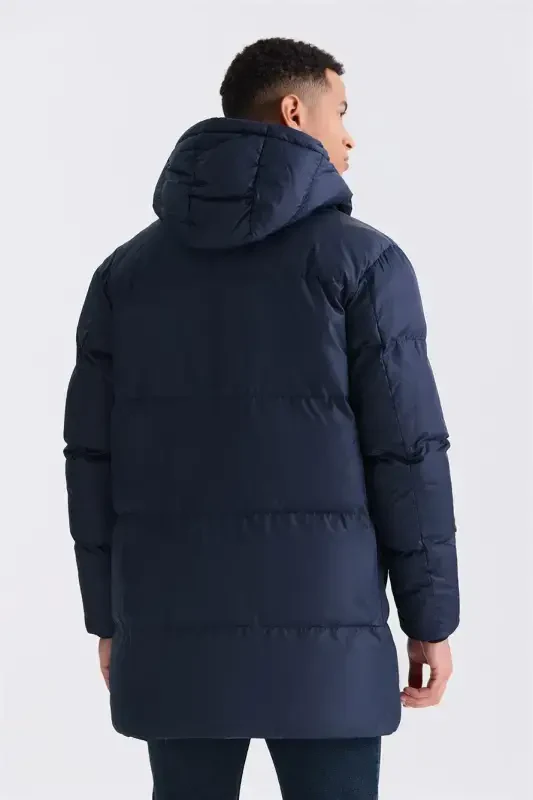 Navy Blue Comfort Fit Hooded Full Filler Winter Coat - 4