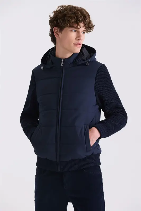 Navy Blue Comfort Fit Hooded Knit Sleeved Winter Coat - 1
