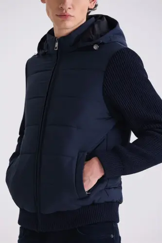 Navy Blue Comfort Fit Hooded Knit Sleeved Winter Coat - 3