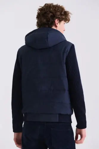 Navy Blue Comfort Fit Hooded Knit Sleeved Winter Coat - 4