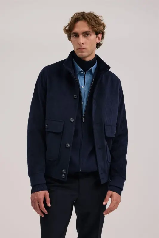 Navy Blue Comfort Fit Mandarin Collar Velvet Jacket - JAKAMEN