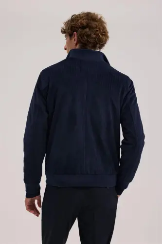 Navy Blue Comfort Fit Mandarin Collar Velvet Jacket - 4