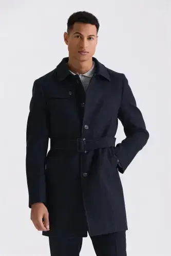 Navy Blue Comfort Fit Nehru Collar Herringbone Pattern Belted Wool Coat 