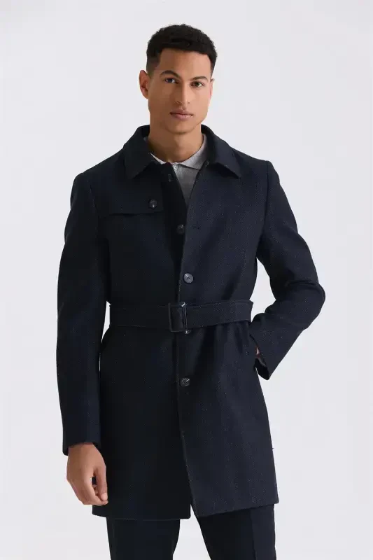 Navy Blue Comfort Fit Nehru Collar Herringbone Pattern Belted Wool Coat - 1