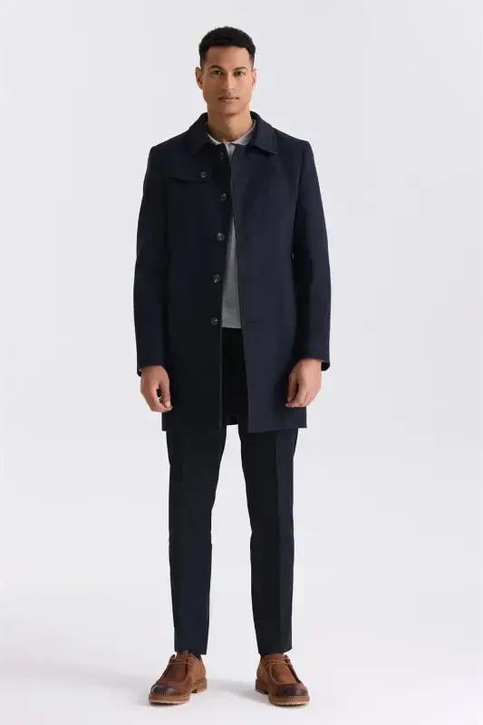 Navy Blue Comfort Fit Nehru Collar Herringbone Pattern Belted Wool Coat - 2