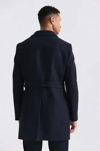 Navy Blue Comfort Fit Nehru Collar Herringbone Pattern Belted Wool Coat - 4