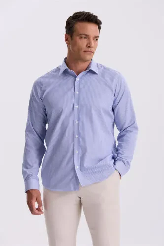 Navy Blue Comfort Fit Non Iron 100% Cotton Striped Shirt - Modazone