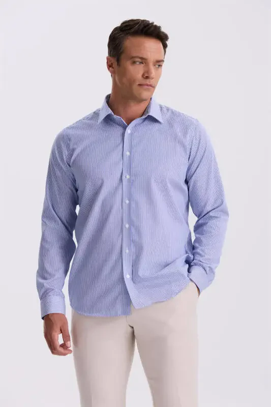 Navy Blue Comfort Fit Non Iron 100% Cotton Striped Shirt - 1