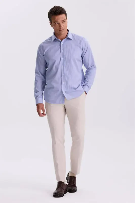 Navy Blue Comfort Fit Non Iron 100% Cotton Striped Shirt - 2