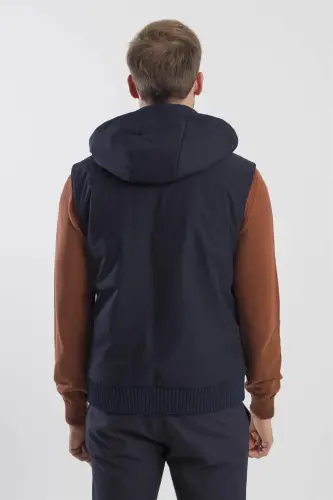 Navy Blue Comfort Fit Patterned Removable Hooded Gilet - 4