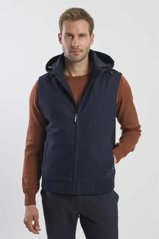 Navy Blue Comfort Fit Patterned Removable Hooded Gilet - 1