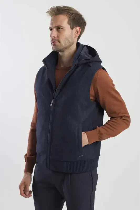Navy Blue Comfort Fit Patterned Removable Hooded Gilet - 3