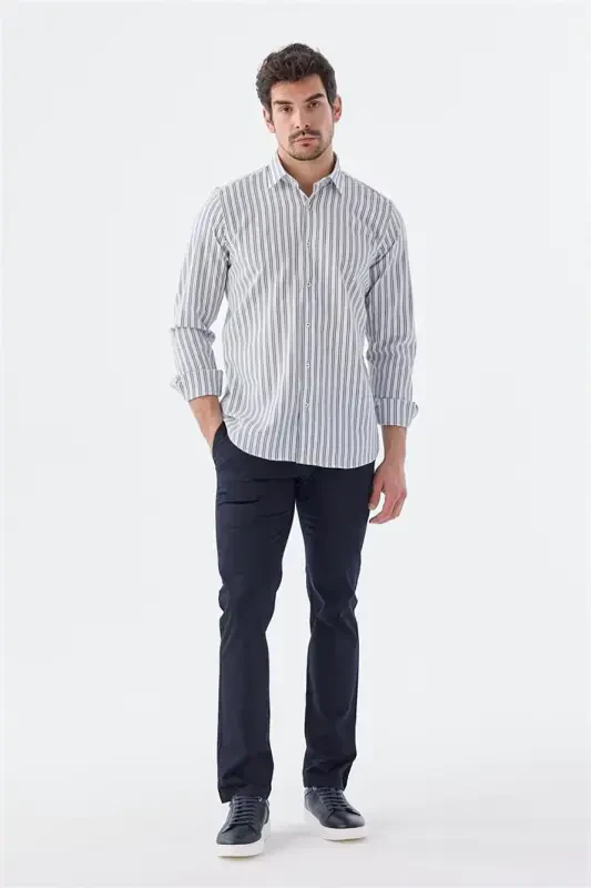 Navy Blue Comfort Fit Patterned Stretch Cotton Sport Shirt - 1