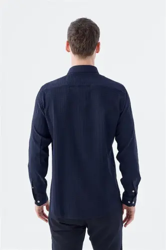 Navy Blue Comfort Fit Patterned Stretchy Cotton Sports Shirt - 4