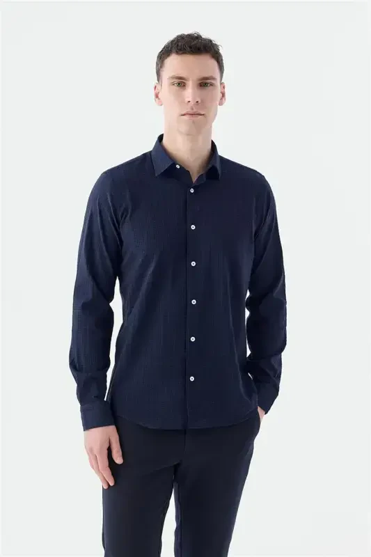 Navy Blue Comfort Fit Patterned Stretchy Cotton Sports Shirt - 1