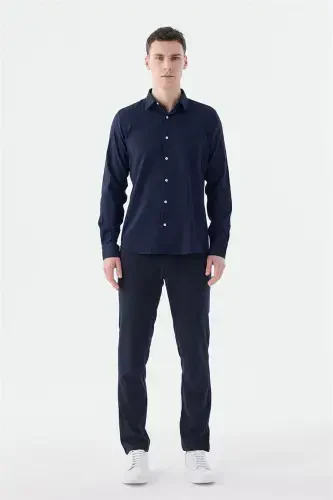 Navy Blue Comfort Fit Patterned Stretchy Cotton Sports Shirt - Modazone (1)