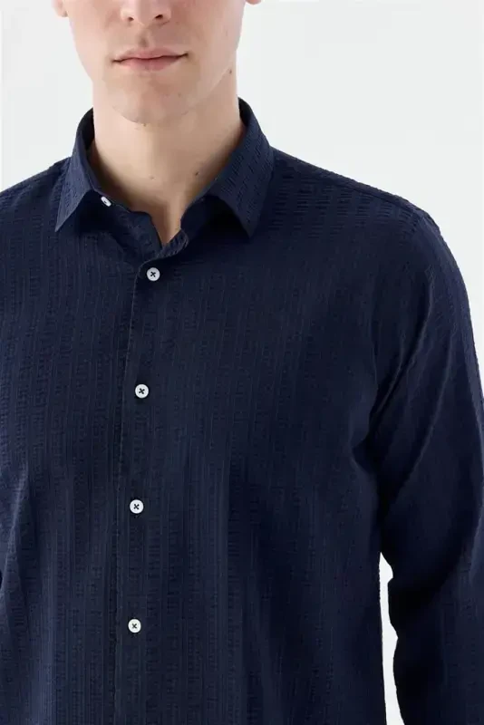 Navy Blue Comfort Fit Patterned Stretchy Cotton Sports Shirt - 3