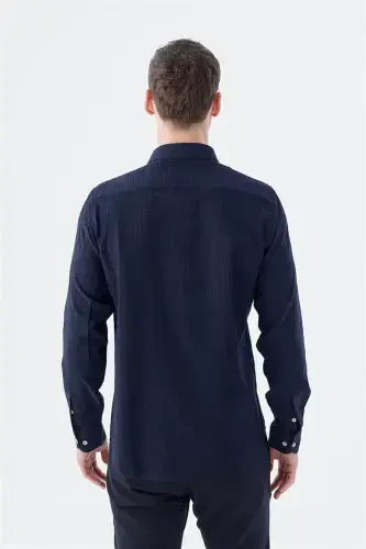 Navy Blue Comfort Fit Patterned Stretchy Cotton Sports Shirt - 4