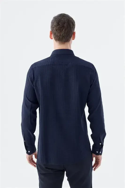 Navy Blue Comfort Fit Patterned Stretchy Cotton Sports Shirt - 4