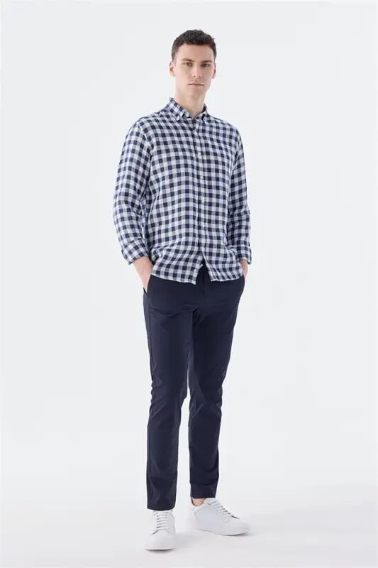 Navy Blue Comfort Fit Plaid 100% Linen Shirt - 2