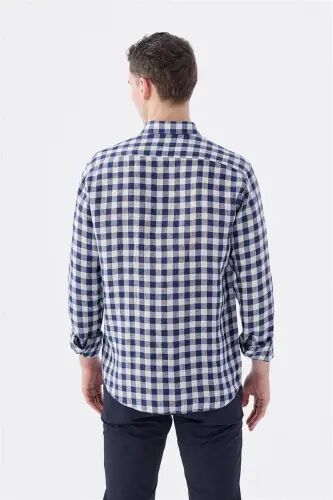 Navy Blue Comfort Fit Plaid 100% Linen Shirt - 4
