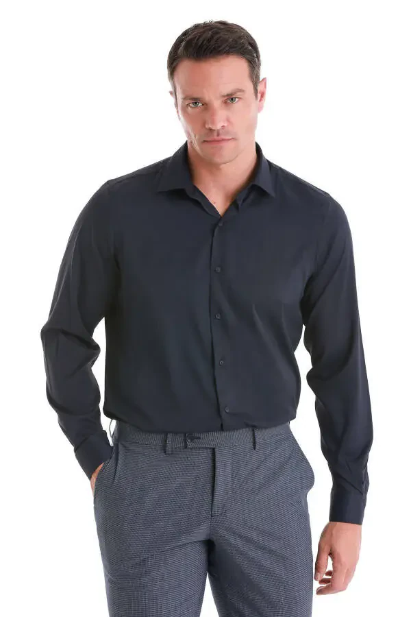 Navy Blue Comfort Fit Plain Slim Collar Long Sleeve Shirt - 1