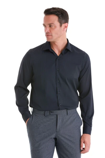 Navy Blue Comfort Fit Plain Slim Collar Long Sleeve Shirt - 3