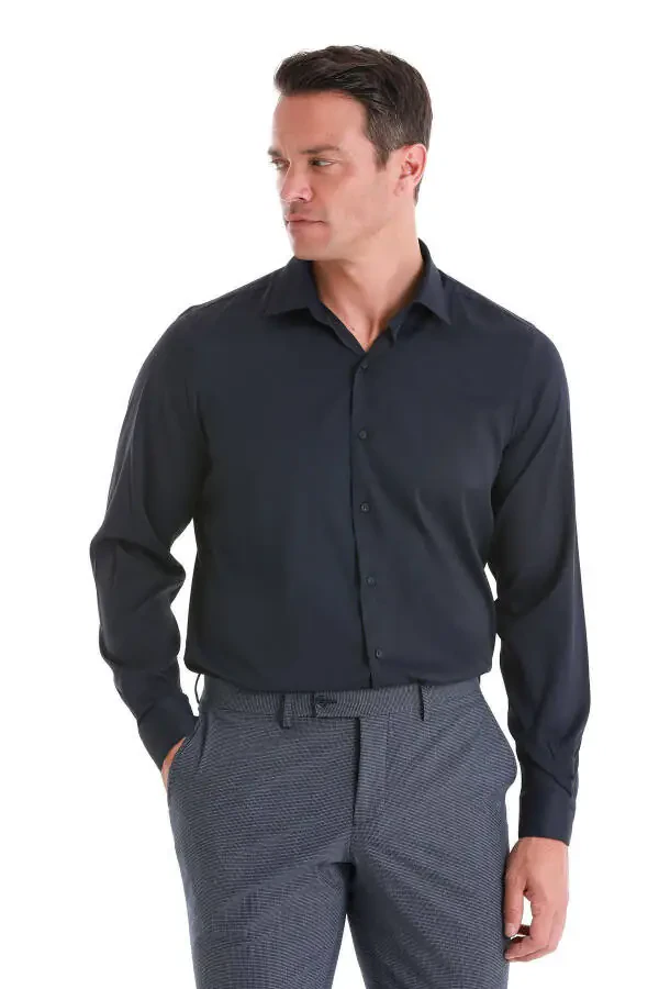 Navy Blue Comfort Fit Plain Slim Collar Long Sleeve Shirt - 3