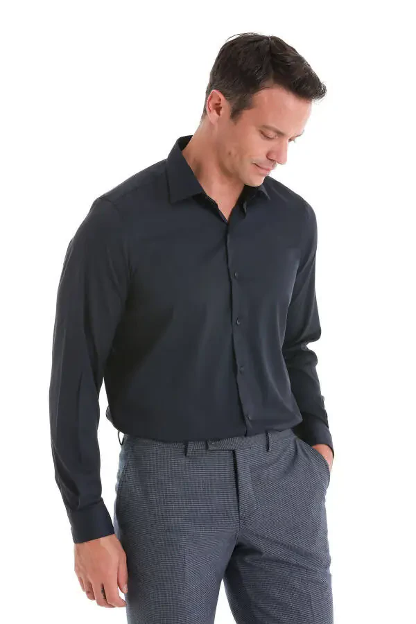 Navy Blue Comfort Fit Plain Slim Collar Long Sleeve Shirt - 4
