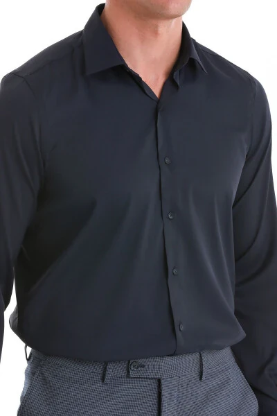 Navy Blue Comfort Fit Plain Slim Collar Long Sleeve Shirt - 5