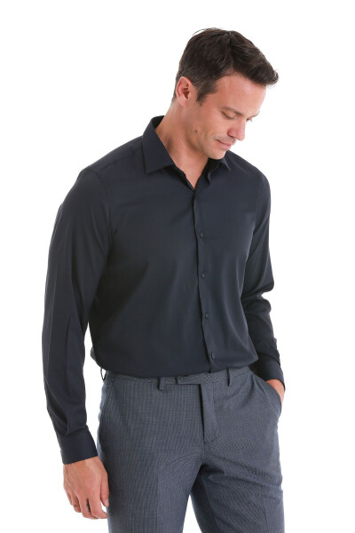 Navy Blue Comfort Fit Plain Slim Collar Long Sleeve Shirt - 4